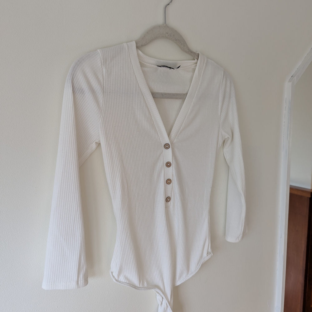 White Ribbed Button-Down Women's Top